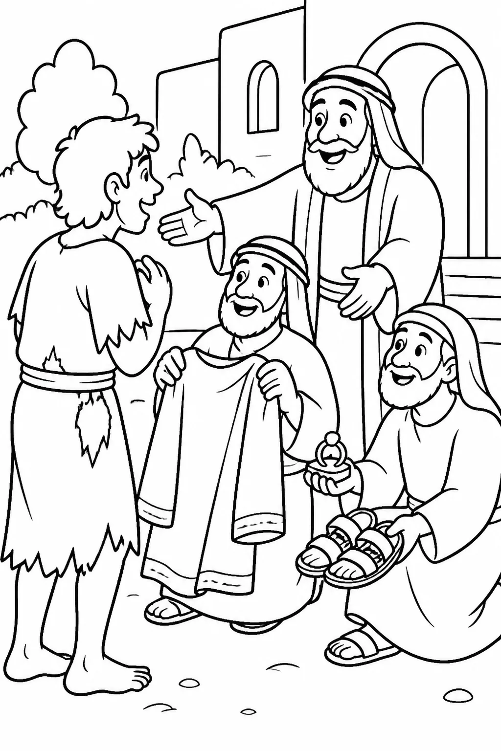 The father’s servants bring a robe, ring, and sandals for the returning younger son at the father’s house.