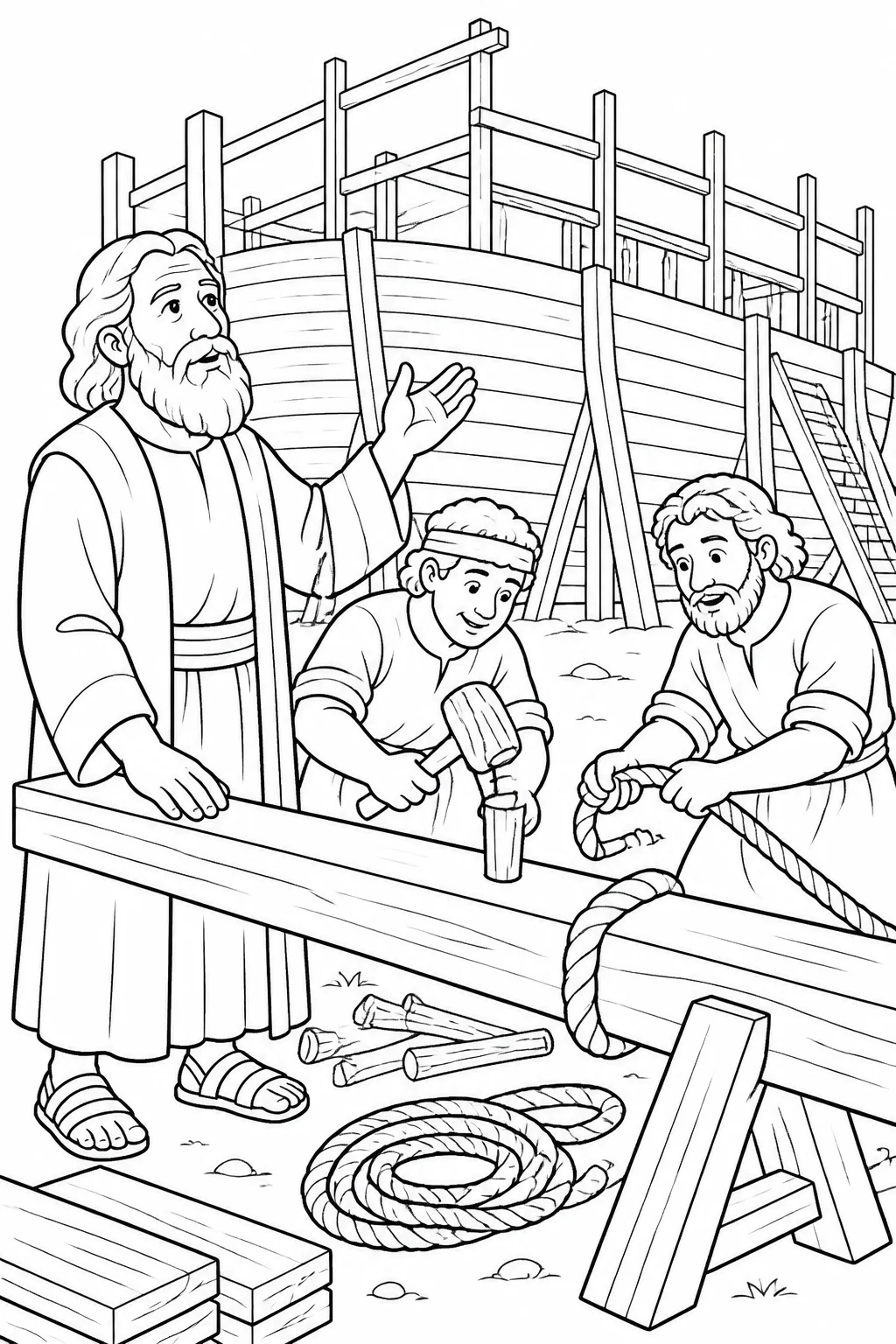 Noah and Family Building the Ark from Noah’s Ark Bible coloring page