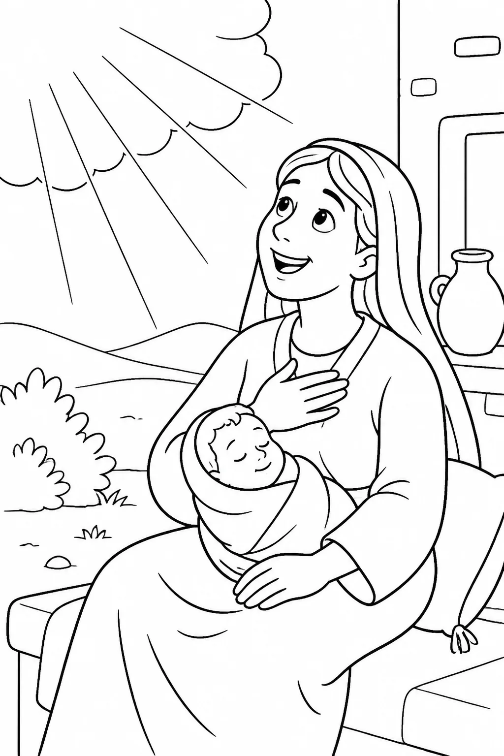 Sarah smiling with thankful joy as a gentle symbolic light represents the LORD’s faithfulness after Isaac’s birth.