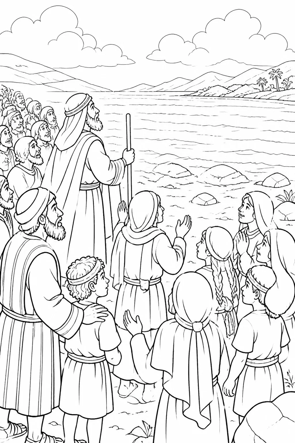 The Israelites and Moses stand on the seashore after crossing the Red Sea, recognizing the LORD’s rescue.