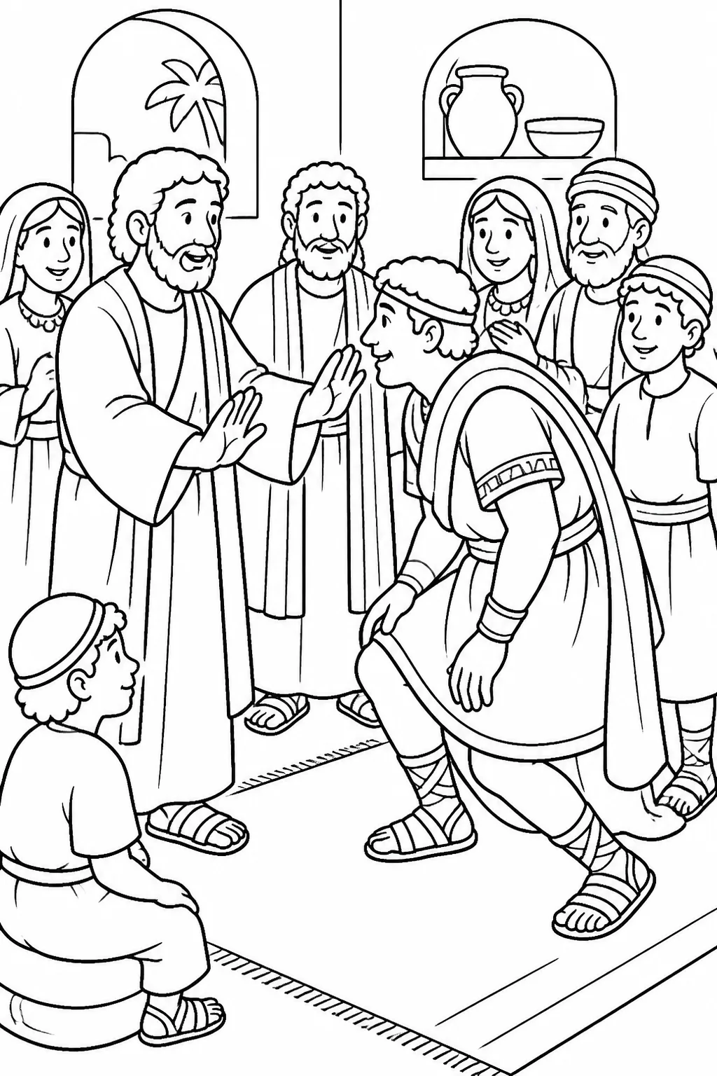 Cornelius welcomes Peter inside his house while his relatives and close friends gather to listen; Cornelius rises from a respectful bow as Peter tells him to stand.