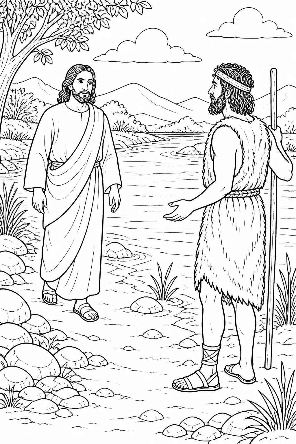 Jesus approaches John the Baptist at the Jordan River in a peaceful riverbank scene.