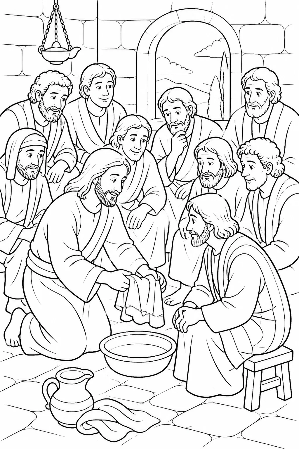 Jesus teaches the disciples after washing their feet, with a towel and basin nearby, illustrating humble service from John 13:12-17.