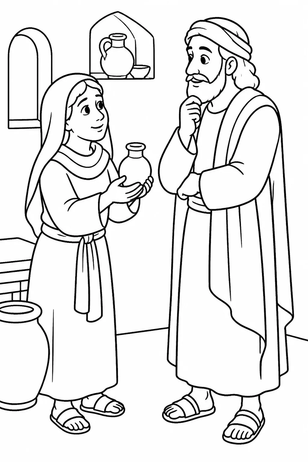 Elisha listens as an unnamed widow shows him a small jar of oil inside her house, based on 2 Kings 4:2.