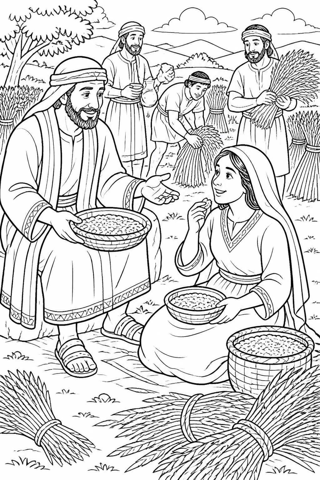 Boaz Shares Food with Ruth from Ruth Gleans in Boaz’s Field Bible coloring page