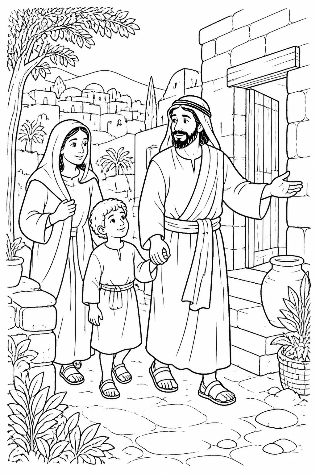Joseph leads Mary and Jesus into Nazareth in Galilee as the family settles there after Joseph is warned in a dream.