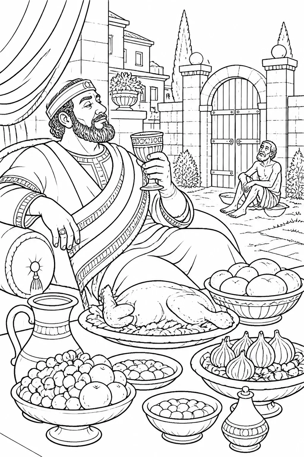 The unnamed rich man in purple and fine linen beside a lavish daily feast, with his gate visible, illustrating Luke 16:19.
