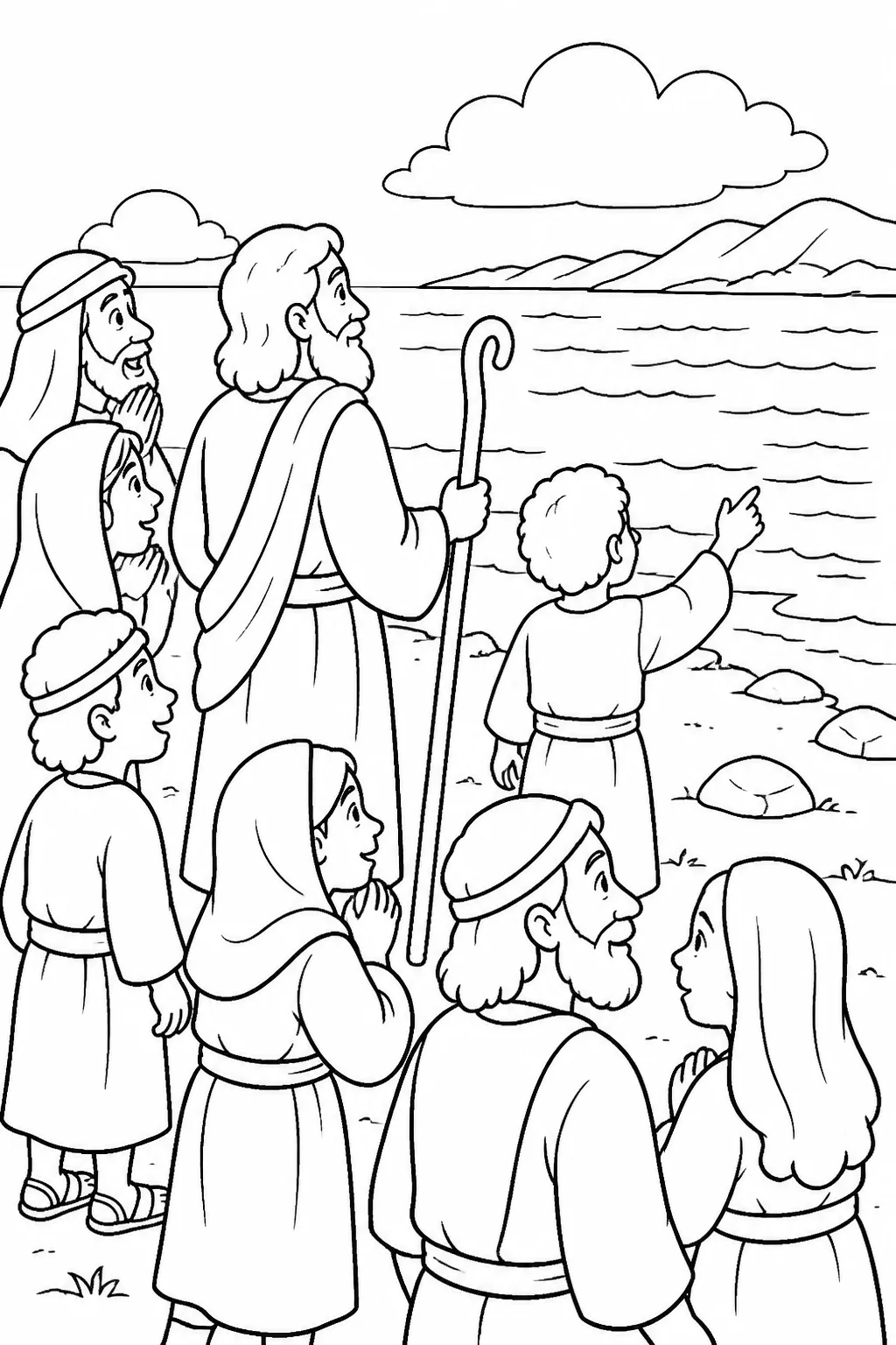 The Israelites and Moses stand on the seashore after crossing the Red Sea, recognizing the LORD’s rescue.