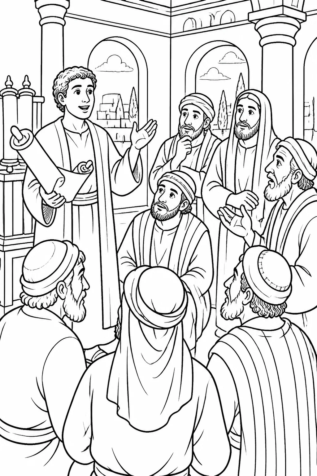 Stephen speaking with an open scroll or raised hand to thoughtful listeners in a Jerusalem synagogue, based on Acts 6:8–10.