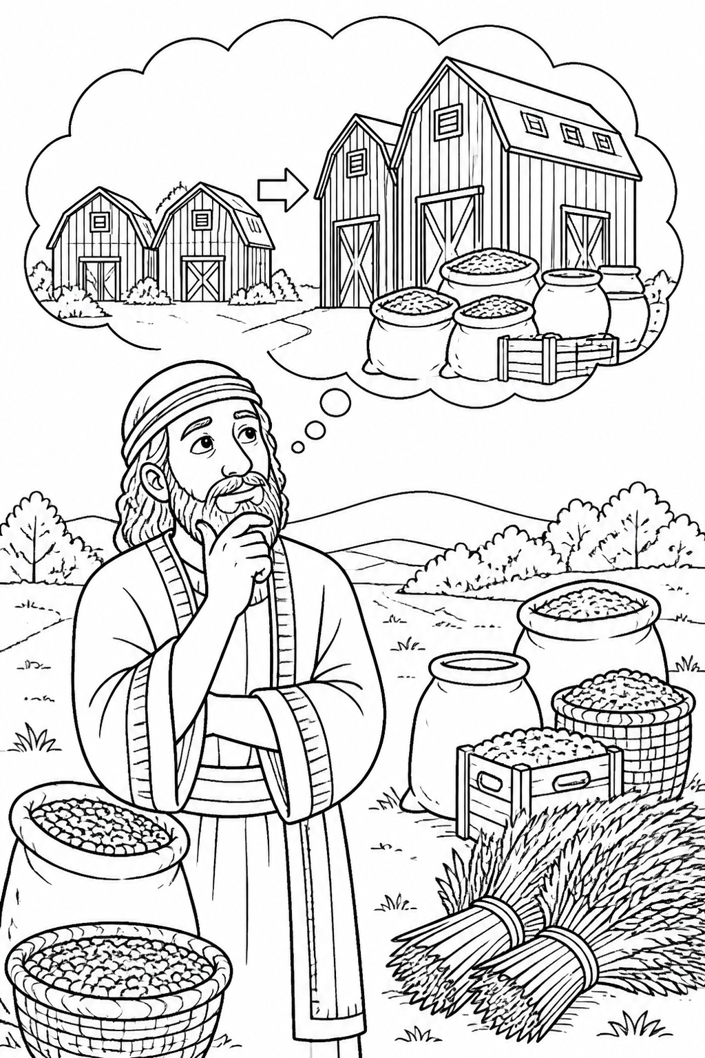 Building Bigger Barns from The Parable of the Rich Fool Bible coloring page