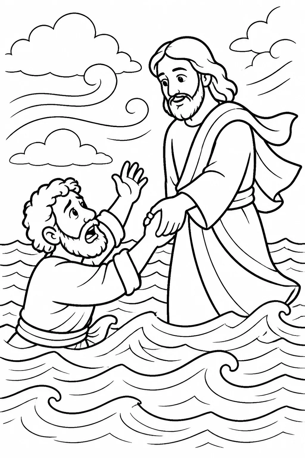 Jesus reaches out and takes hold of Peter as Peter begins to sink in the sea, with strong wind shown by waves and moving clothing.