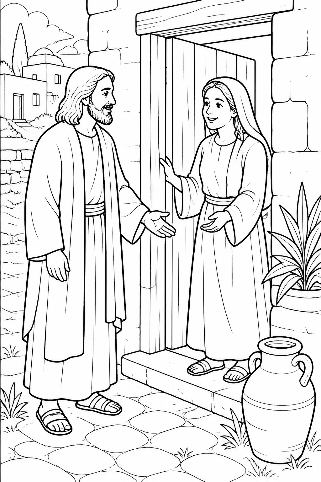 Martha Welcomes Jesus from Jesus Visits Mary and Martha Bible coloring page
