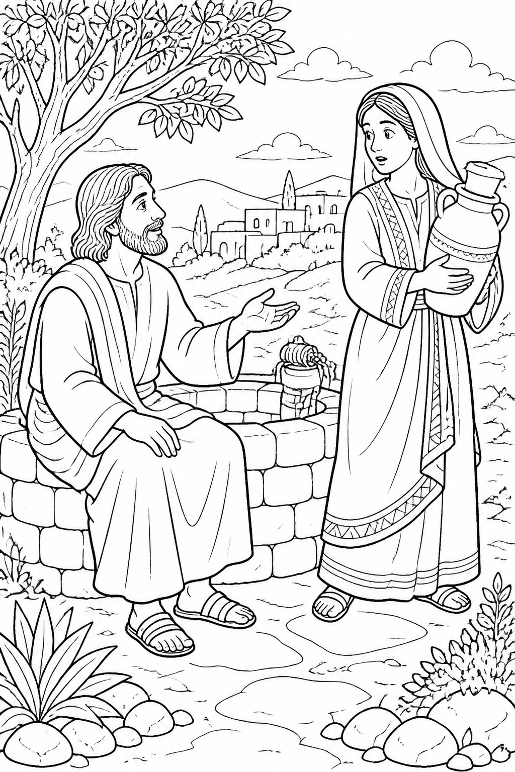 An Unexpected Request from Jesus and the Samaritan Woman Bible coloring page