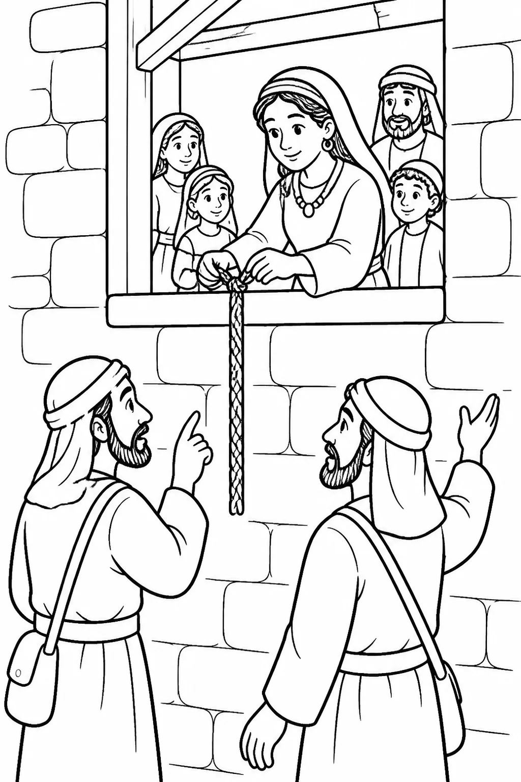 Rahab ties a scarlet cord in the window of her house while two unnamed spies gesture toward the cord and her family gathers inside.
