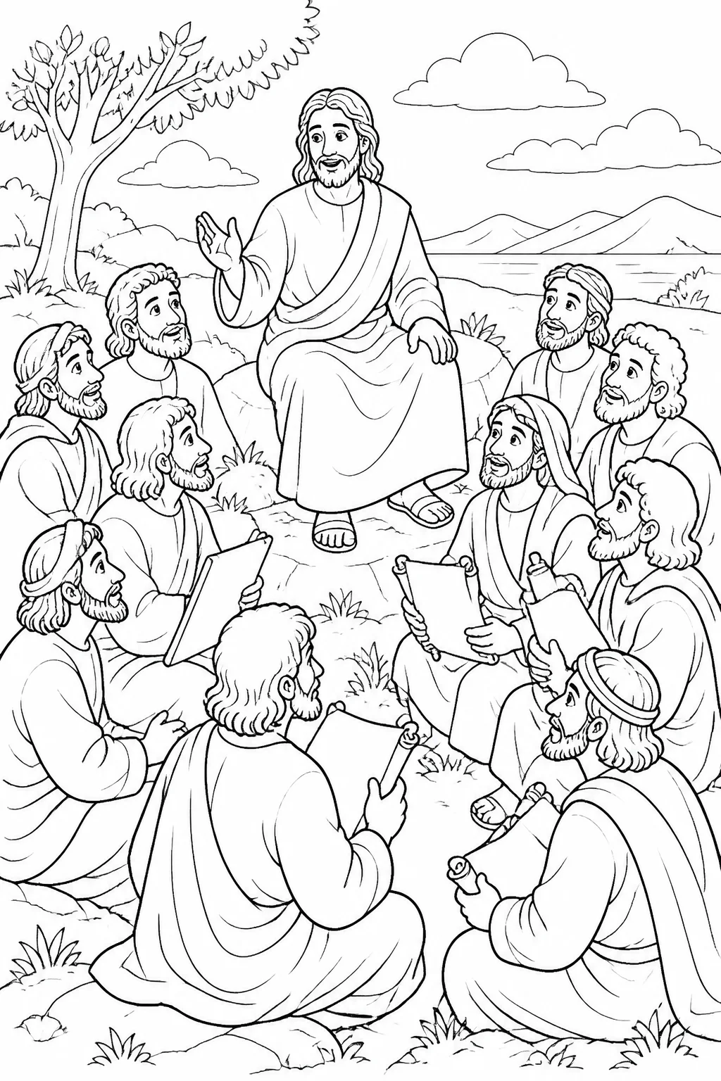Jesus teaching the eleven disciples on a mountain in Galilee, with scrolls or teaching materials representing learning and following his commands.