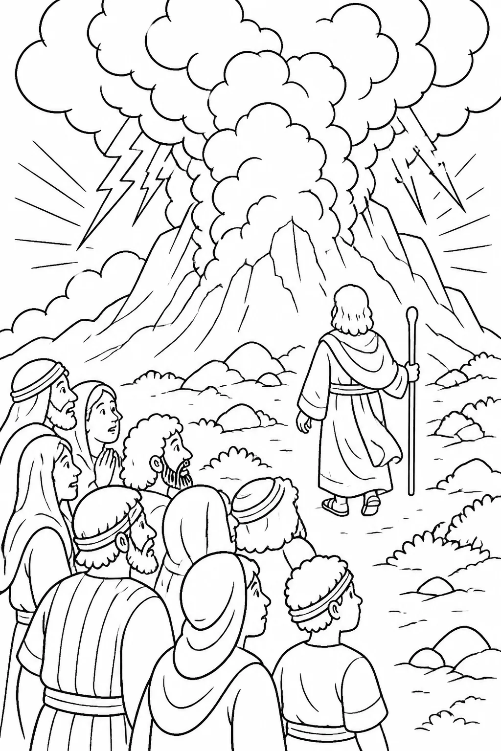 Moses approaches thick darkness over smoking Mount Sinai while the people of Israel stand at a distance, with thunder, lightning, and trumpet sound described in Exodus 20:18–21.
