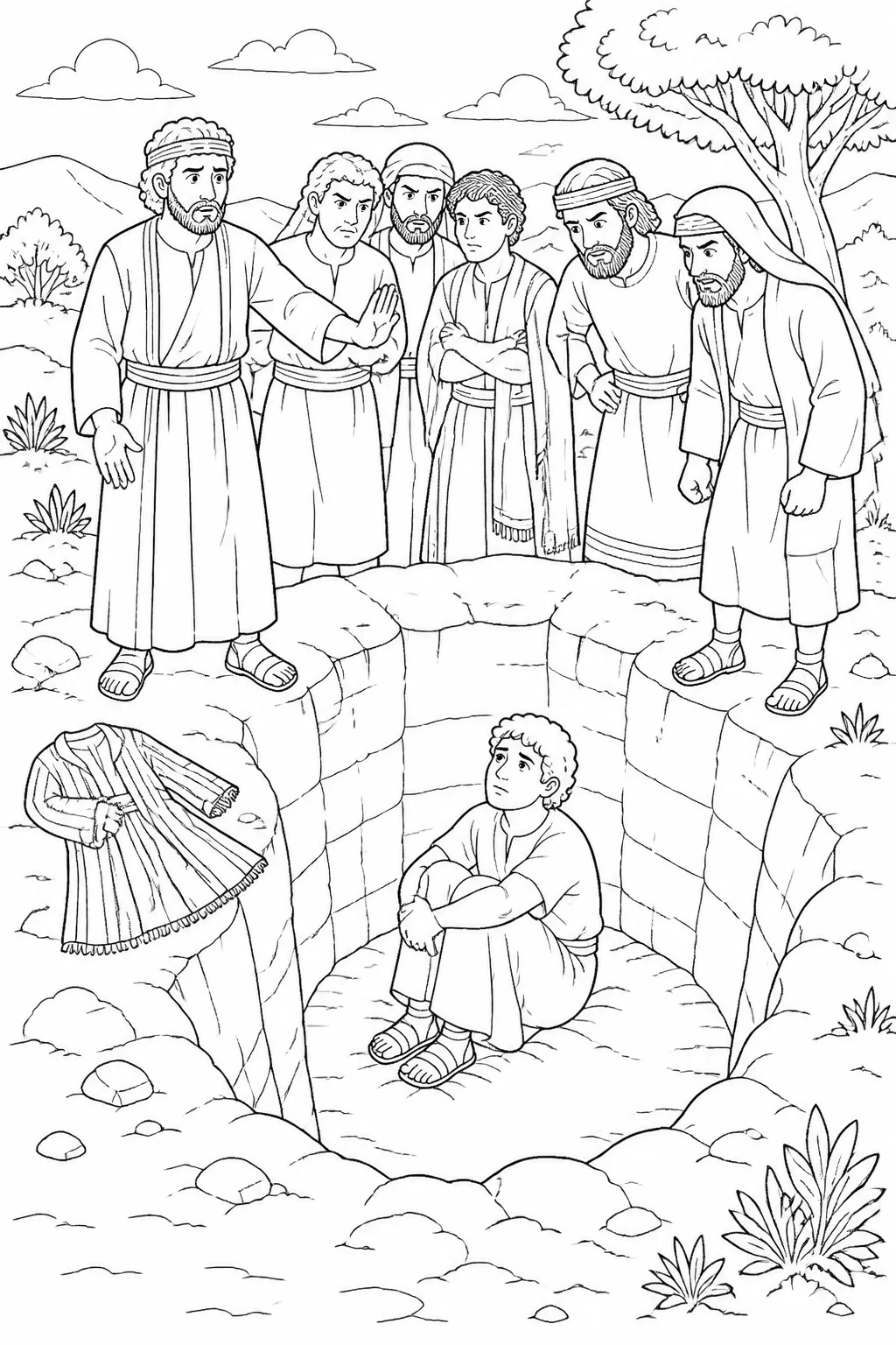 Joseph in an empty pit with his brothers above him, Reuben gesturing for restraint, and Joseph’s garment outside the pit.