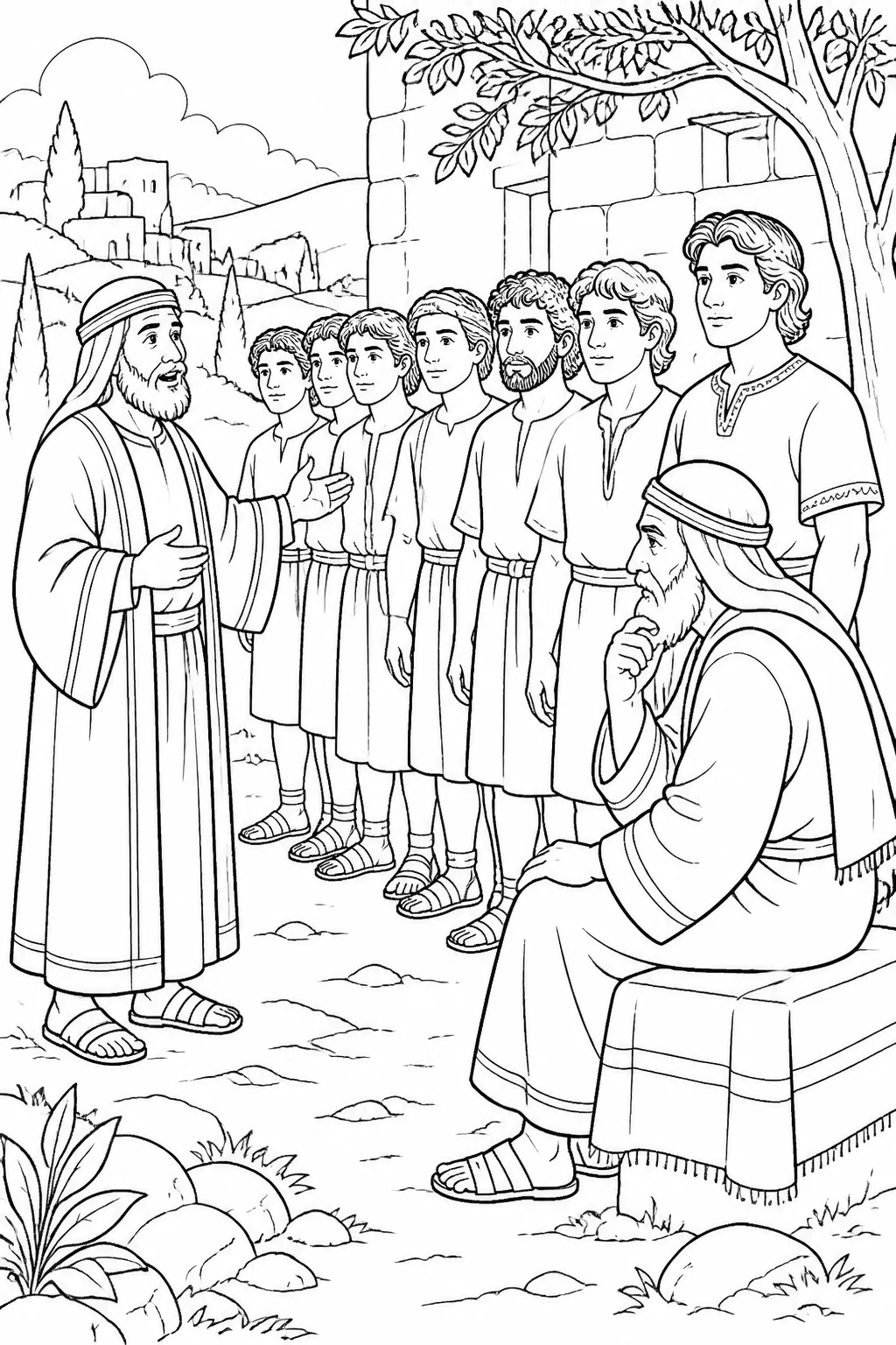 Samuel and Jesse with Jesse’s sons as the sons are presented one by one in 1 Samuel 16:8-10.