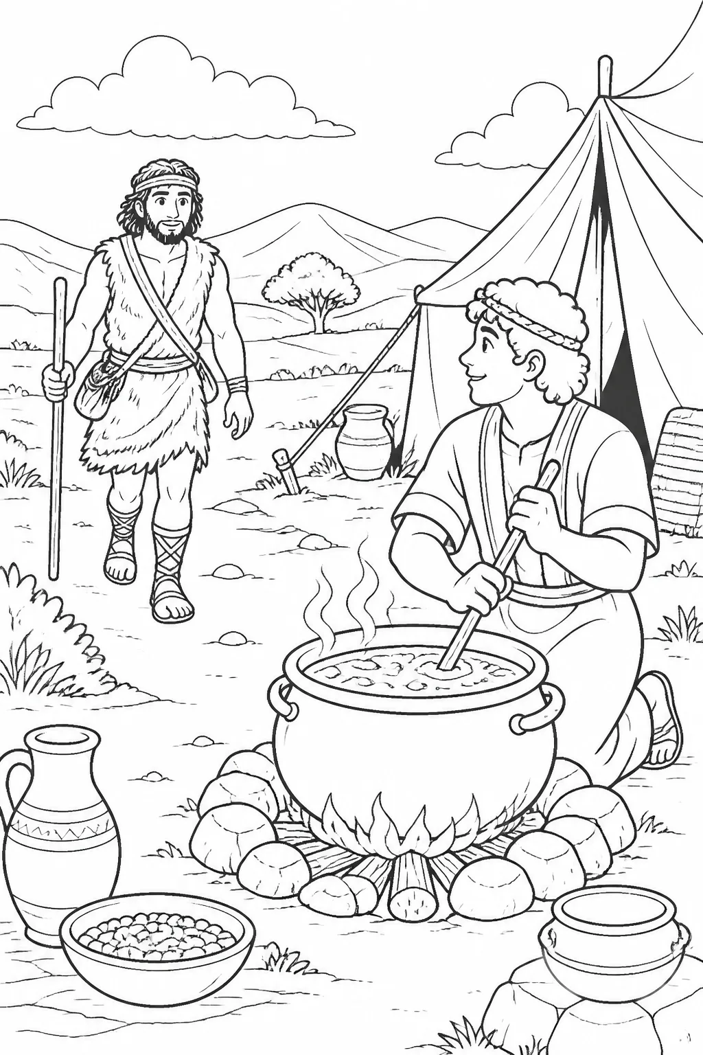 Esau returns exhausted from the open country as Jacob prepares red or lentil stew near the tents, based on Genesis 25:29–34.