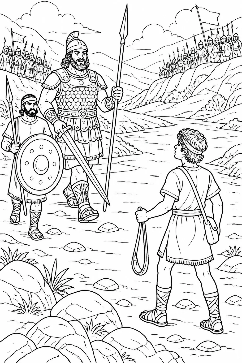 David faces armored Goliath across the battle line, holding a sling while Goliath carries his sword, spear, and javelin.
