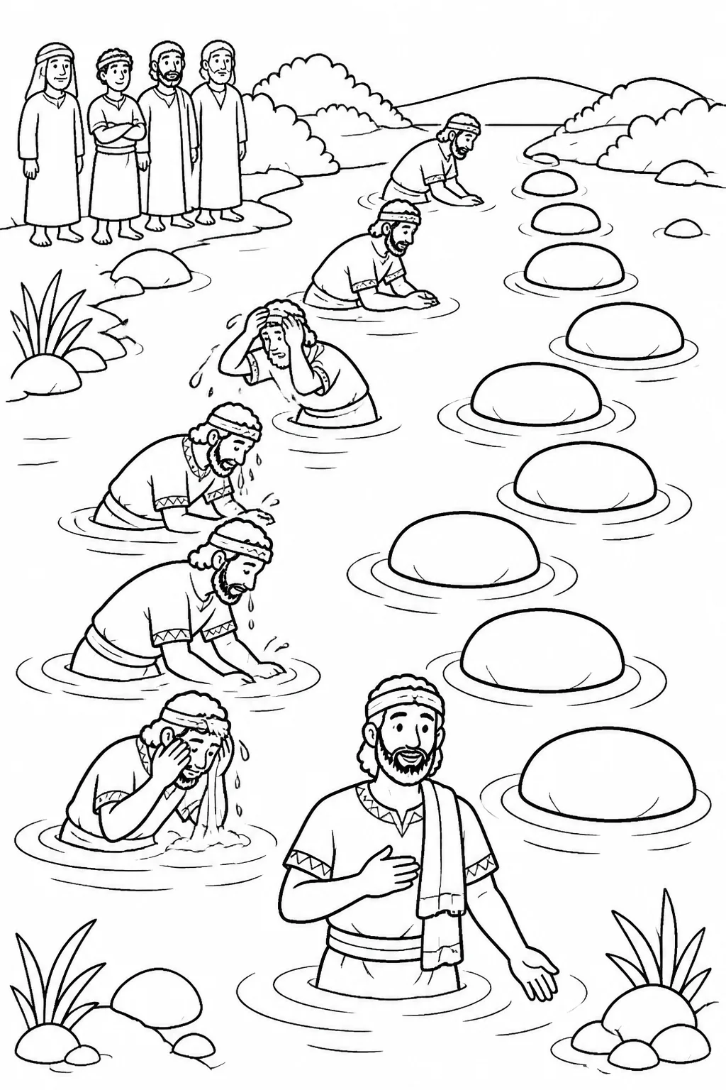 Naaman washing seven times in the Jordan River, represented by seven stones, ripples, or numbered markers.
