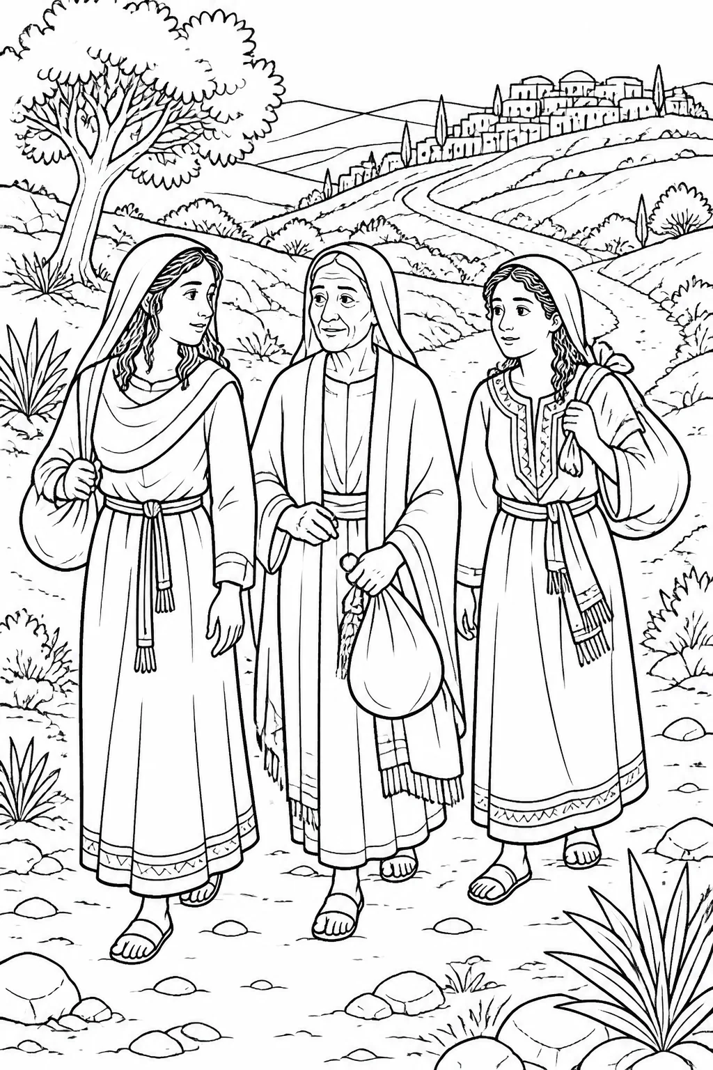 Naomi, Ruth, and Orpah walking with simple travel bundles along a road from Moab toward Bethlehem, based on Ruth 1:6–7.