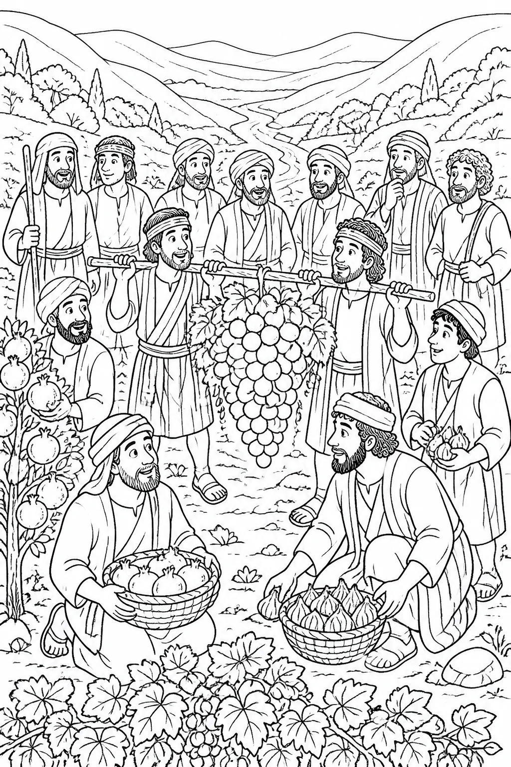 Twelve Israelite spies explore the Valley of Eshcol and carry grapes, pomegranates, and figs back from Canaan.