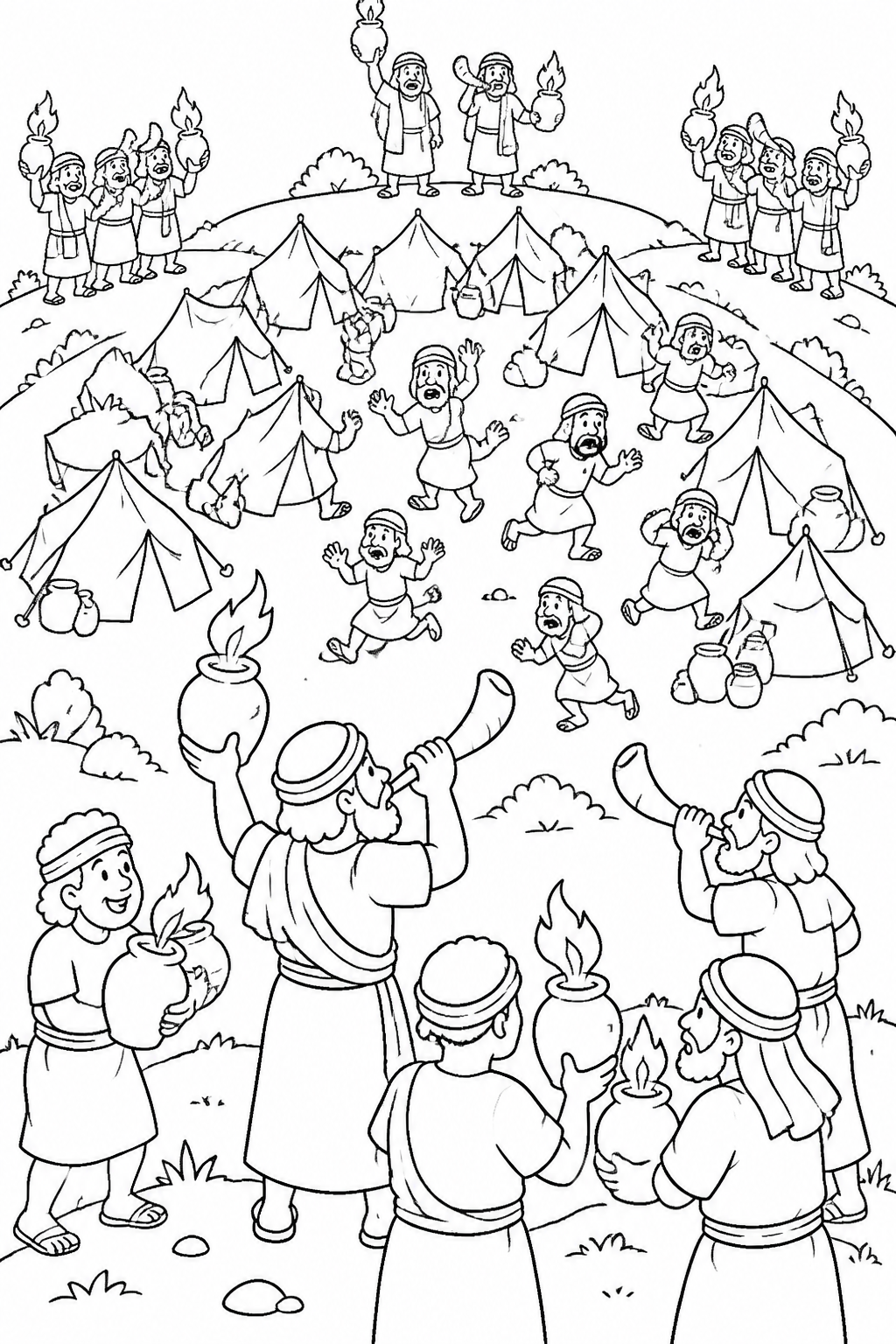Surrounded by Light and Sound from Gideon’s Three Hundred Bible coloring page