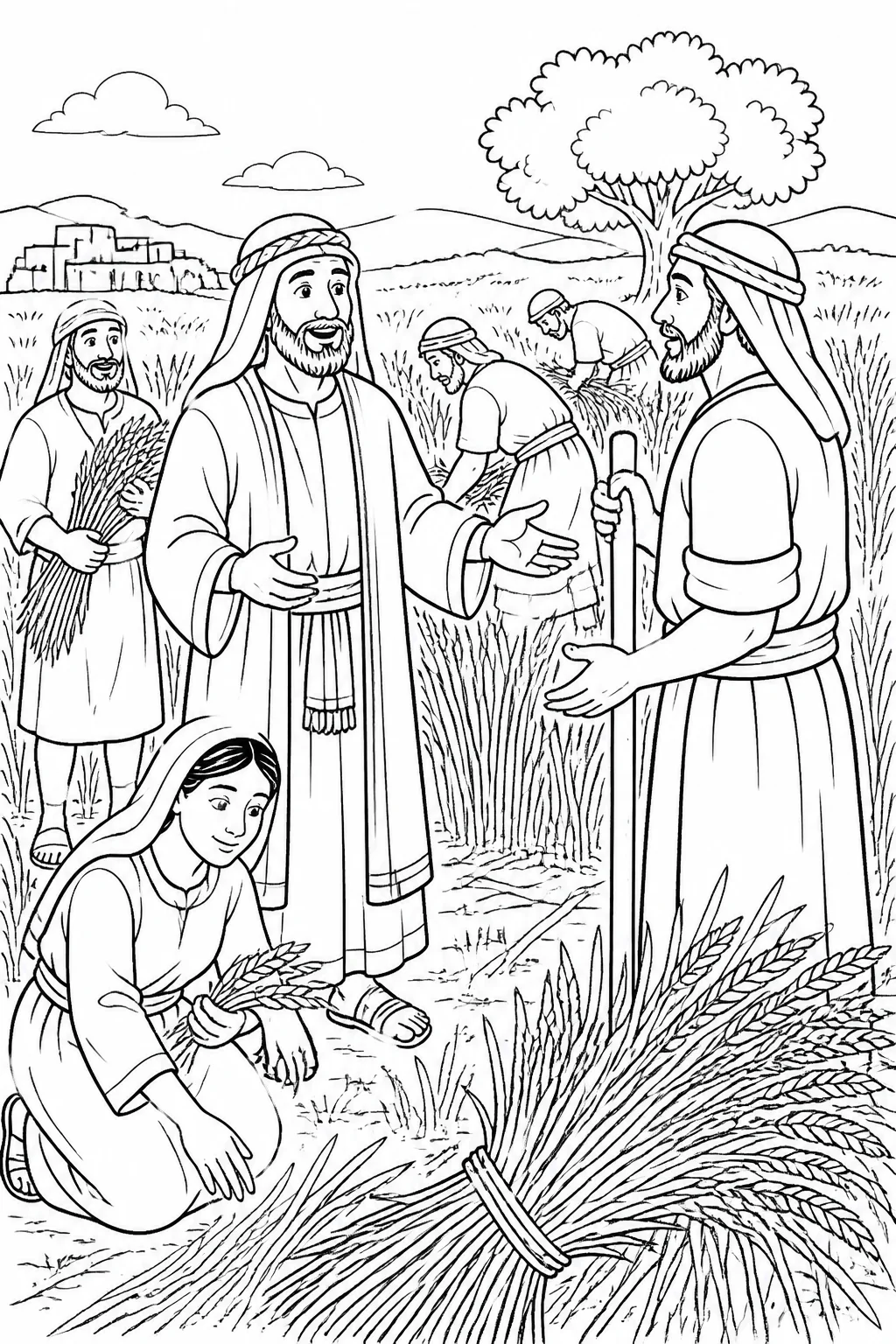 Boaz arrives in a grain field near Bethlehem and speaks with the overseer about Ruth, the Moabite woman who came with Naomi and has been gleaning since morning with a short rest.