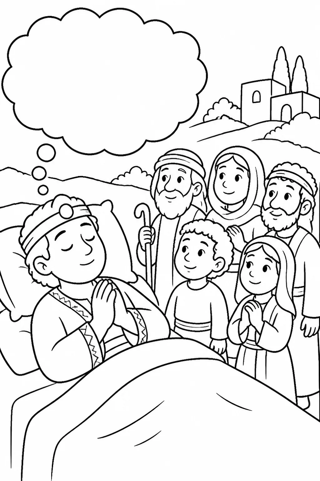 Solomon praying in a simple dream setting at Gibeon as he asks the LORD for an understanding heart to govern God’s people.