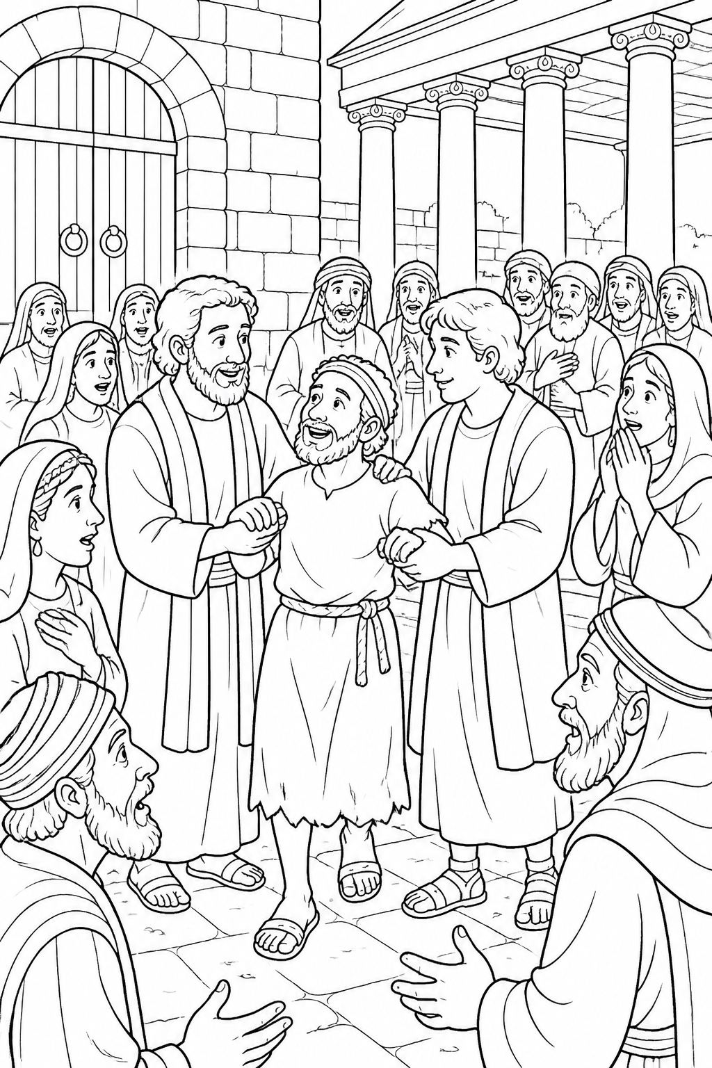 The People Are Amazed from Peter Heals a Man at the Temple Bible coloring page
