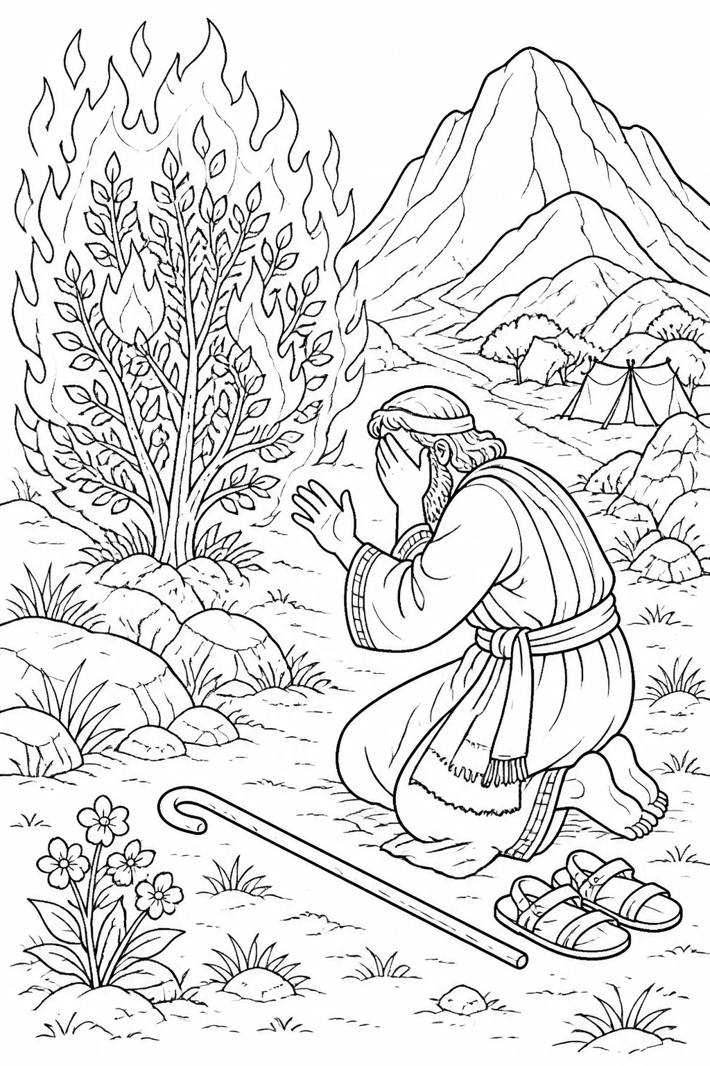 Moses near the burning bush at Horeb as God promises to be with him when he goes to Pharaoh.
