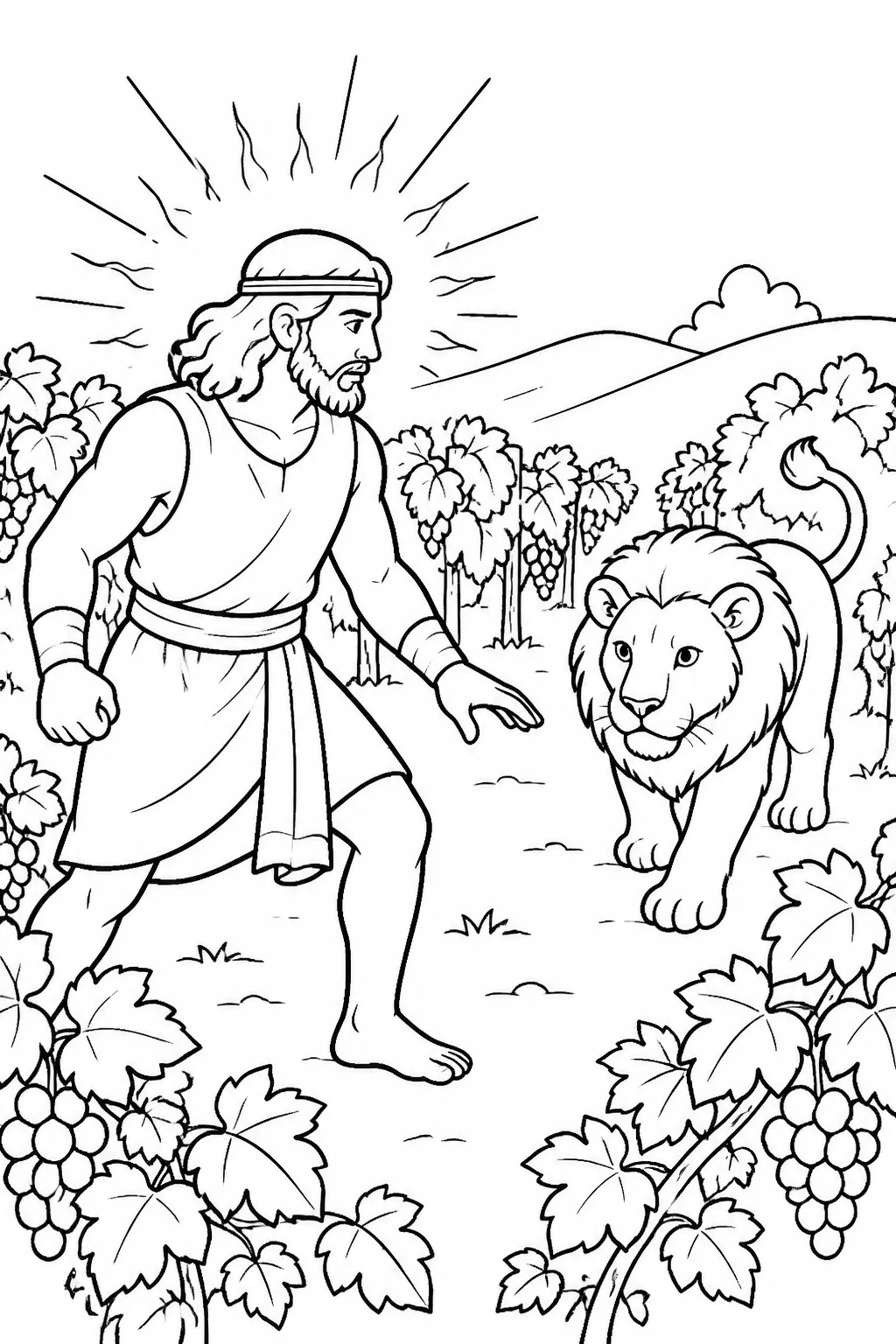 Samson faces a young lion in the vineyards of Timnah, illustrating Judges 14:1–20 and the LORD’s empowerment of Samson.