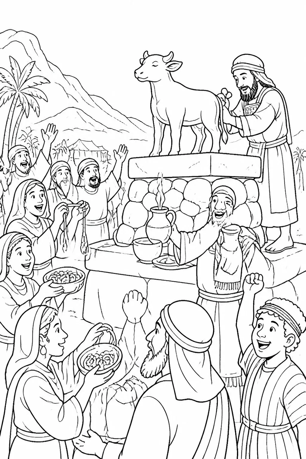 Aaron forms a golden calf from the Israelites’ gold earrings while the people gather near an altar in the camp.