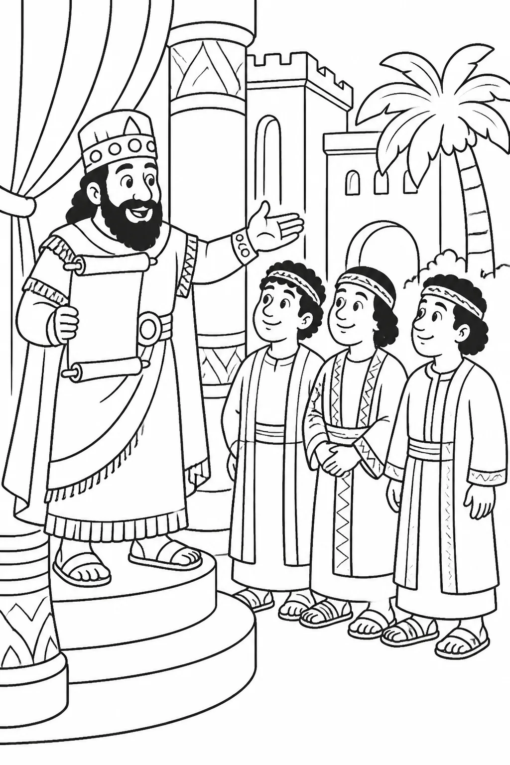 Nebuchadnezzar publicly praises the God of Shadrach, Meshach, and Abednego after their rescue, with a royal decree suggesting his announcement.