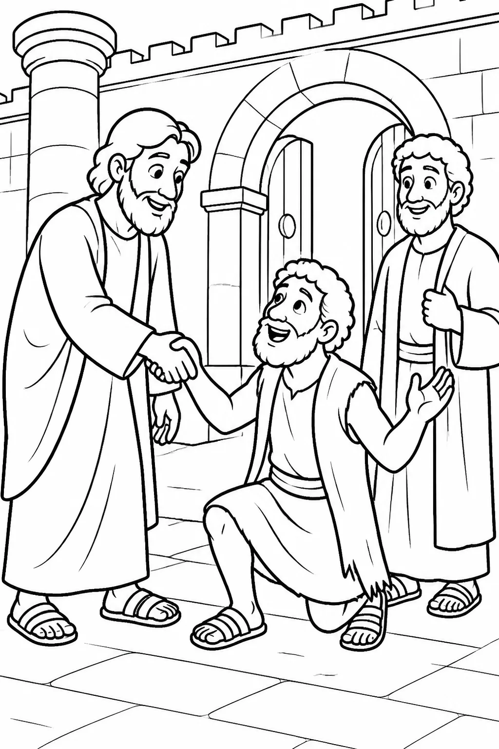 Peter reaches with his right hand to help a man unable to walk from birth rise at the Beautiful Gate, while John stands nearby; the man begins walking and praising God.