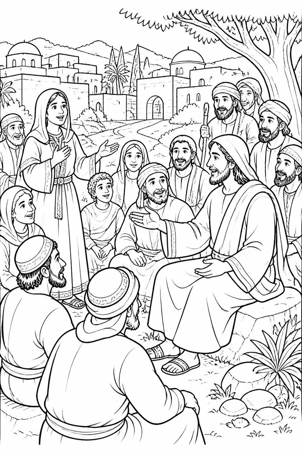 Jesus teaching many Samaritans in a city while the Samaritan woman is among them, representing her testimony and their hearing Jesus.