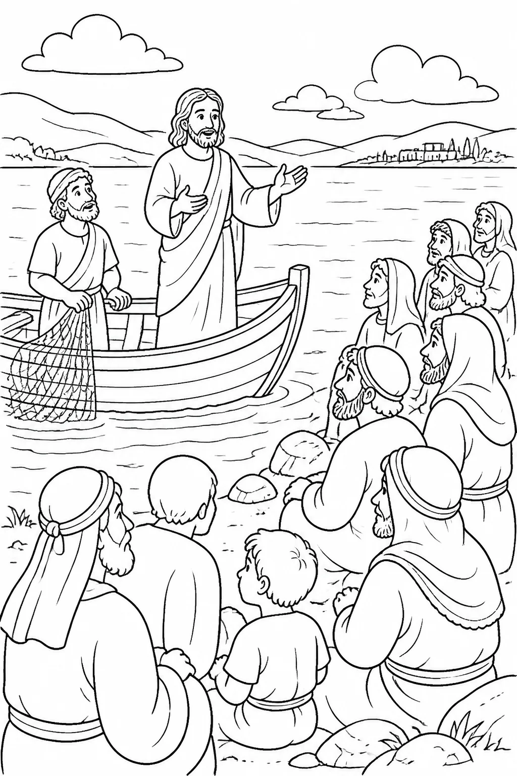 Jesus teaching a non-specific crowd from Simon’s boat near the shore of the Lake of Gennesaret, based on Luke 5:1-3.