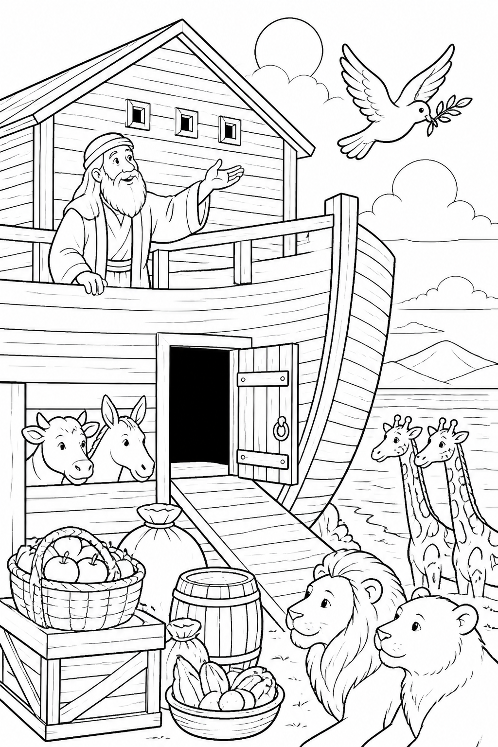 Noah sends out a dove from Noah’s Ark Bible coloring page