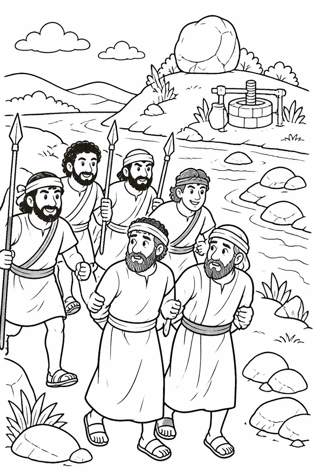 Ephraimite men pursuing Oreb and Zeeb near the waters by Beth-barah and the Jordan, with the rock of Oreb and winepress of Zeeb identified.