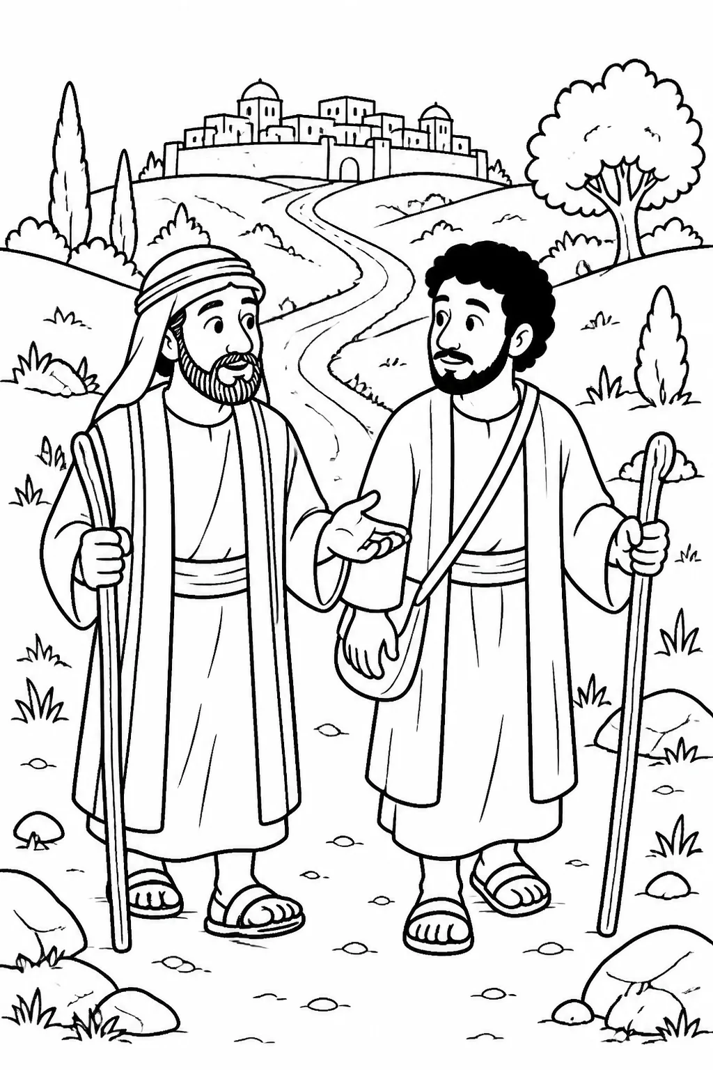 Cleopas and the unnamed second disciple traveling along the road from Jerusalem toward Emmaus, with distant Jerusalem visible.