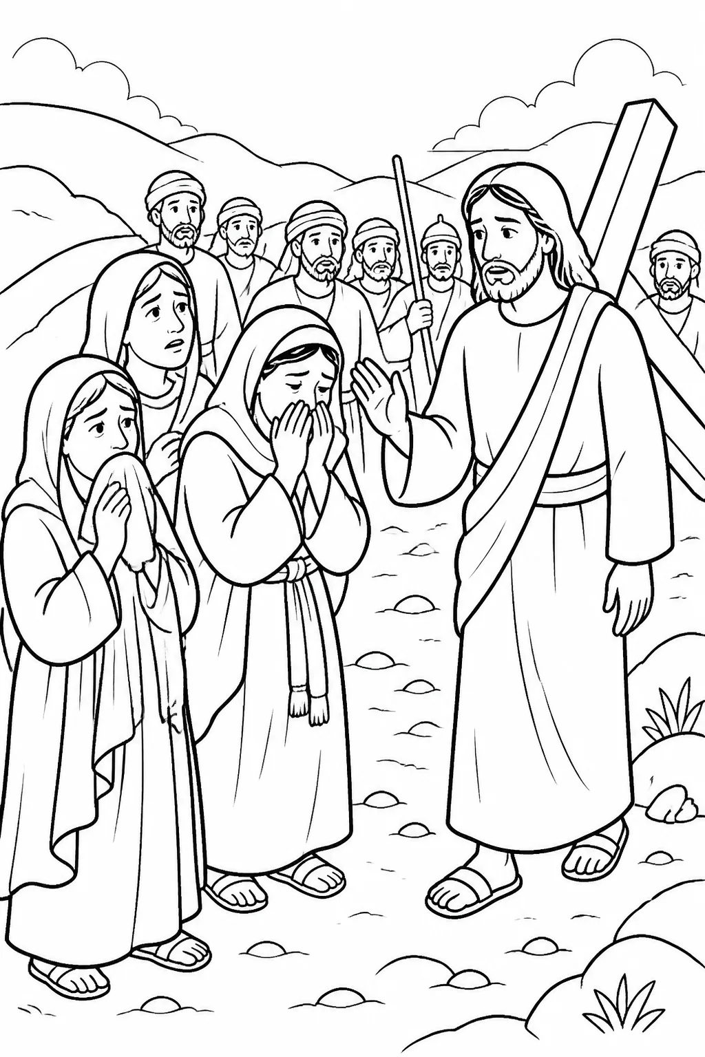 Jesus speaks to mourning women of Jerusalem as a crowd follows along the road to crucifixion.