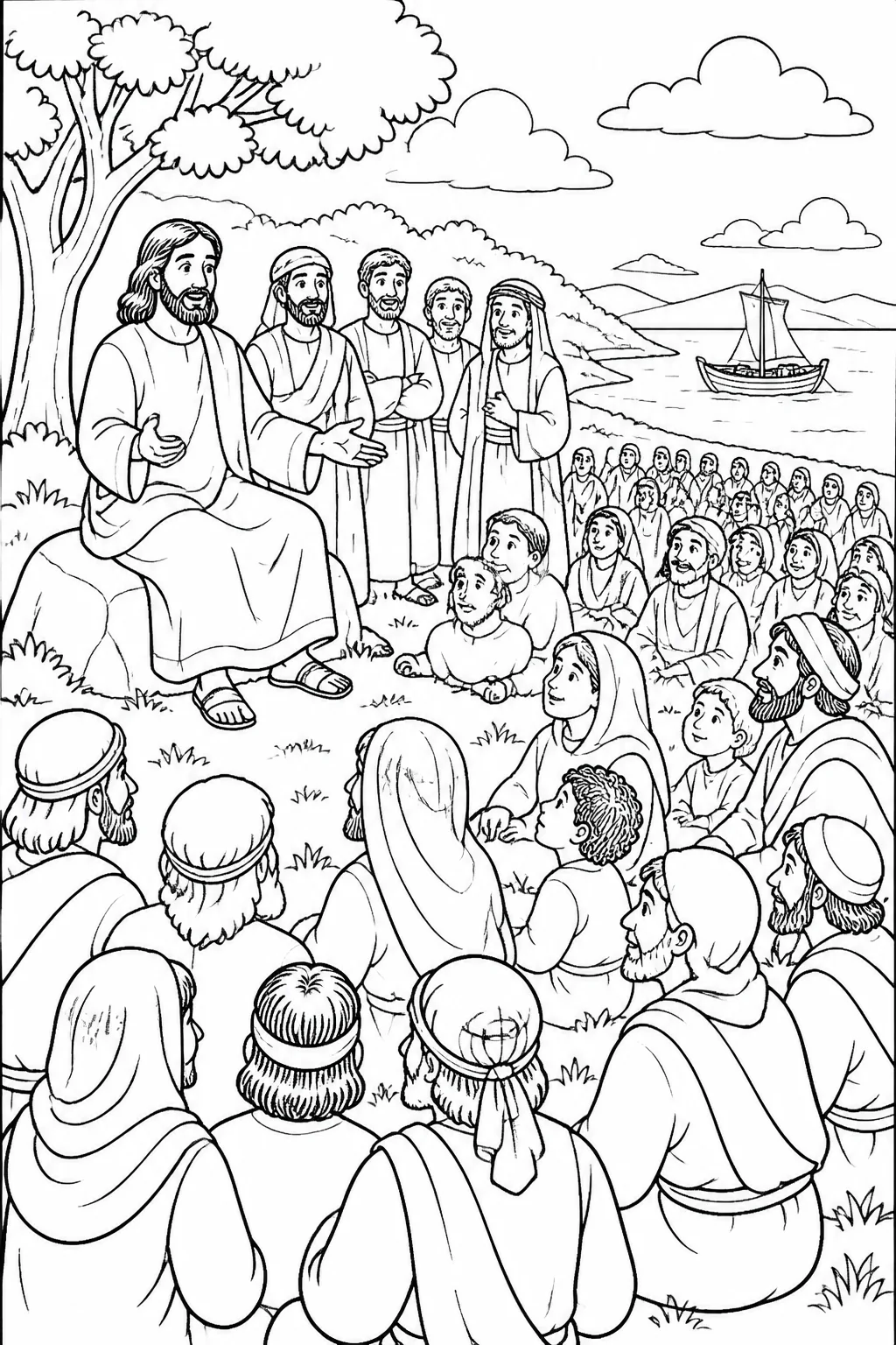 Jesus teaching a large crowd in a solitary outdoor place while the disciples stand nearby and a boat is present.