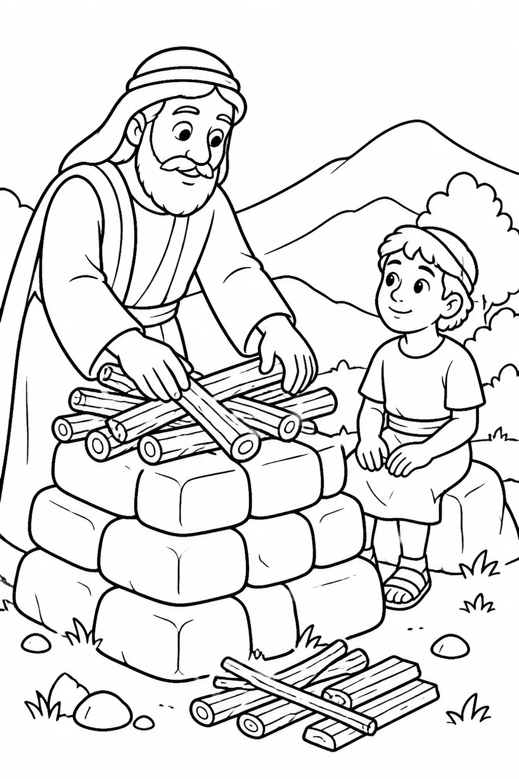 Abraham building and arranging wood on an altar on a mountain while Isaac is shown safely beside it, based on Genesis 22:9-10.