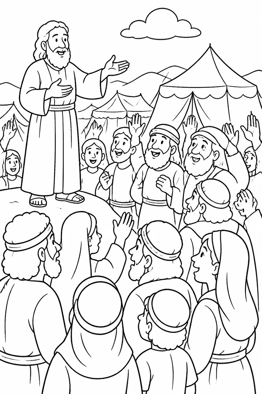 Moses reports God’s words to Israel’s elders and gathered people at their camp before Mount Sinai; the people promise to do everything God has said.