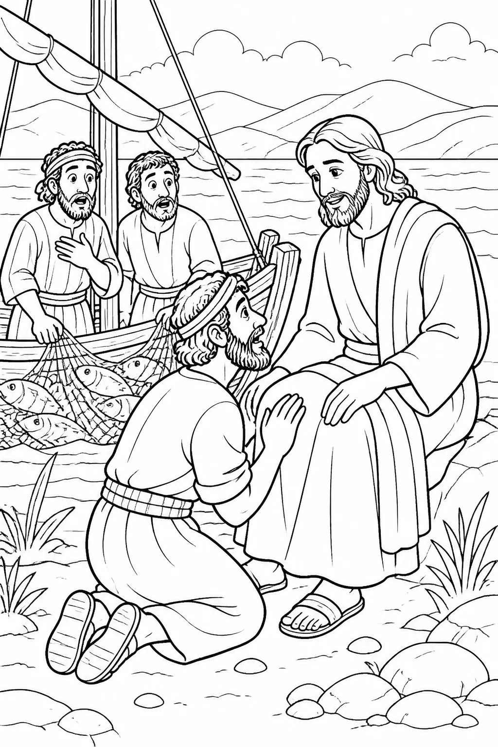 Simon Peter kneeling at Jesus’ knees in a boat on the Lake of Gennesaret after the great catch of fish, while James and John look on in astonishment.