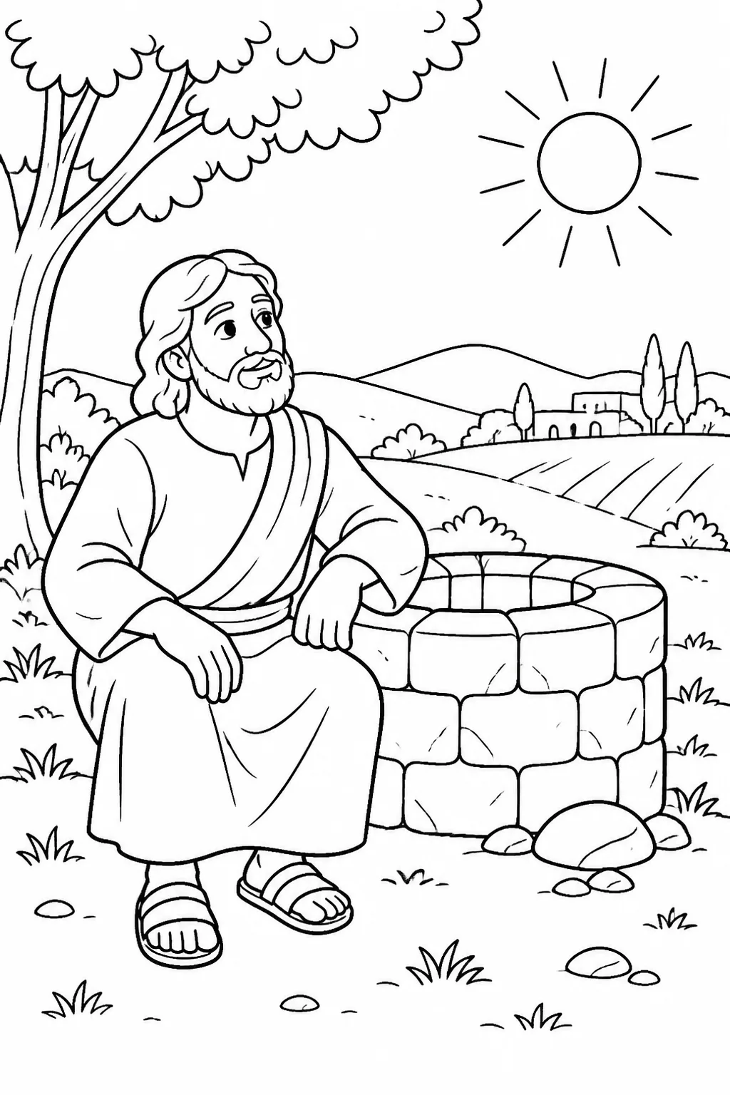 Jesus sitting beside Jacob’s well near Sychar around noon, with a nearby field and bright midday light after his journey through Samaria.
