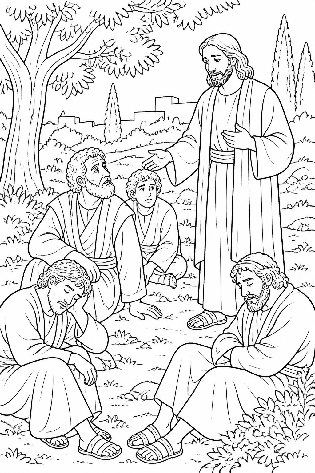 Watch and Pray from Jesus Prays in Gethsemane Bible coloring page