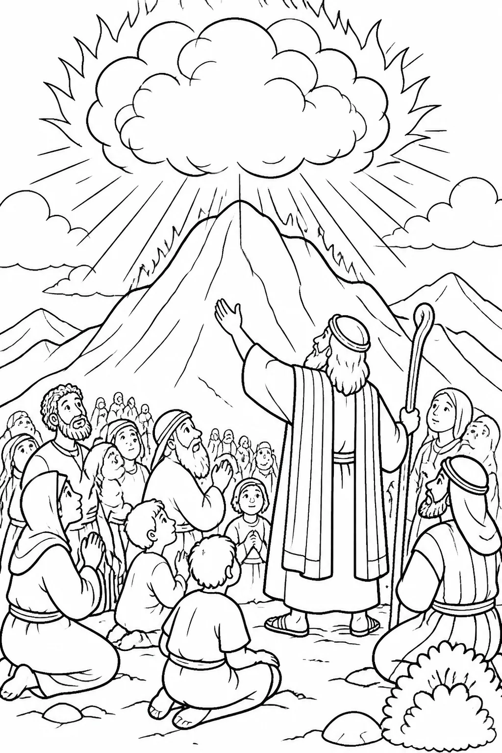 Moses and the people of Israel listen at Mount Sinai as God’s presence is represented by radiant cloud, fire, smoke, and holy darkness.