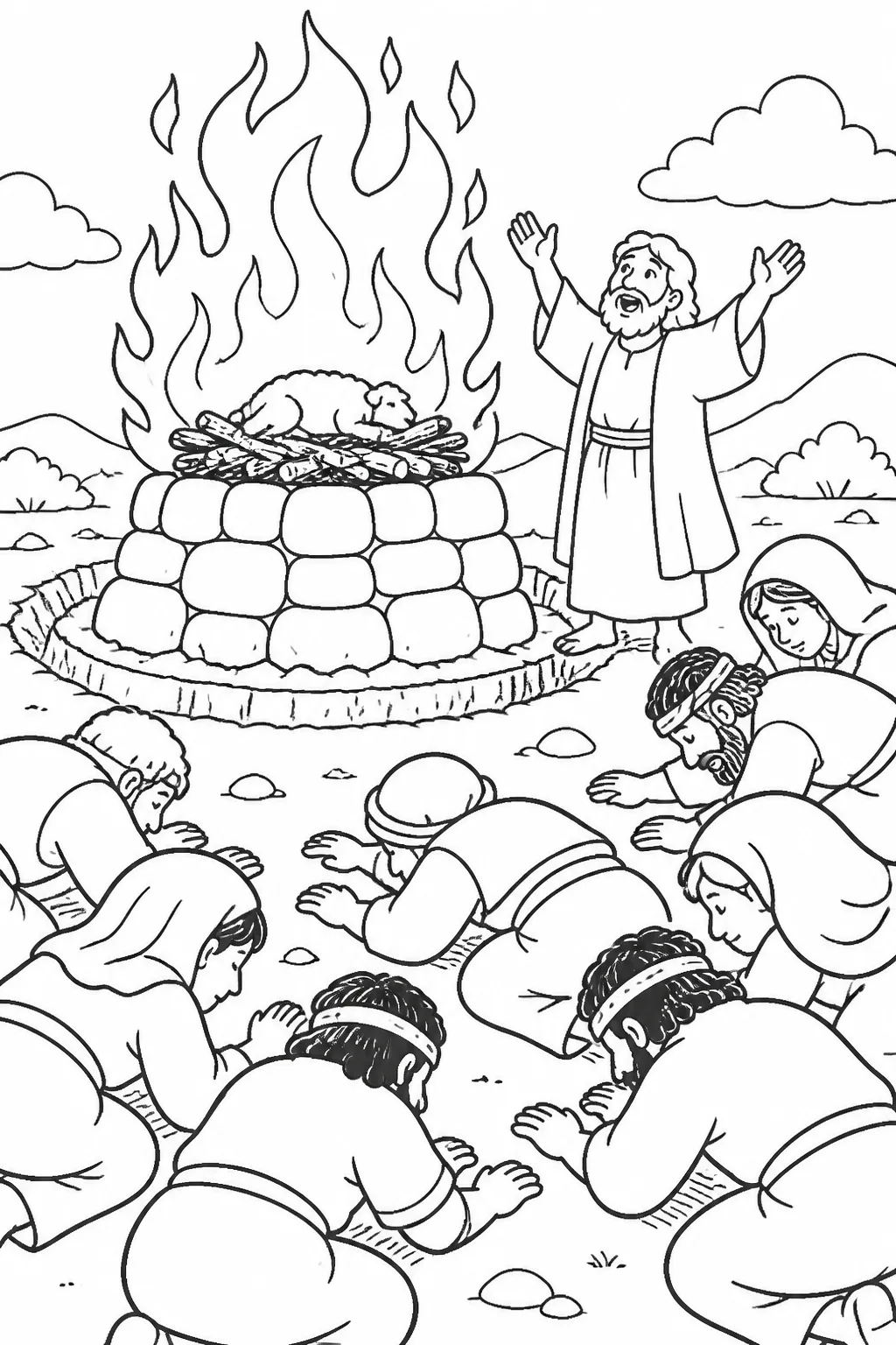 Elijah beside the LORD’s altar after fire from the LORD answers his prayer, while the people of Israel fall facedown and acknowledge that the LORD is God.